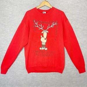 Vintage Christmas Sweatshirt Size L Reindeer Ugly Strung Out Lights 90s Made USA